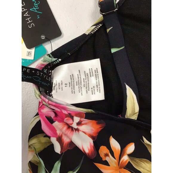 Aqua Green Women's UPF 50 V-Neck Ruched Shaping Swimsuit Black Floral Size 12 💚 - Picture 5 of 5